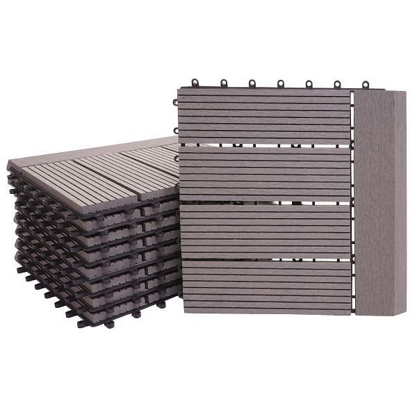 Mendler WPC Bodenfliese Rhone + Abschluss, Holzoptik Balkon/Terrasse, 11x je 30x30cm = 1qm Premium, grau linear waagrecht, 77621