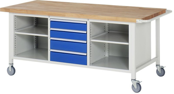 RAU Fahrbare Werkbank-Modell 8566, B2000xT900xH880-1080mm, li: Fachboden, mitte: 2x120, 2x150mm, re: Fachboden, 05-8566A2-209B4H.11