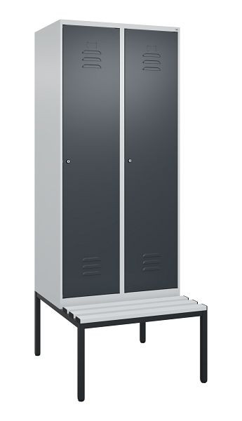 C+P Umkleidespind Classic PLUS, mit untergebauter Sitzbank, 2 Abteile, 2120x800x815mm, 7035/7016, Zylinderschlösser, 0800507-22 S10023