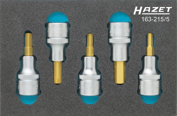 Hazet Schraubendreher-Steckschlüsseleinsatz Satz, Vierkant hohl 12,5 mm (1/2 Zoll), Innen-Sechskant Profil, Anzahl Werkzeuge: 5, 163-215/5