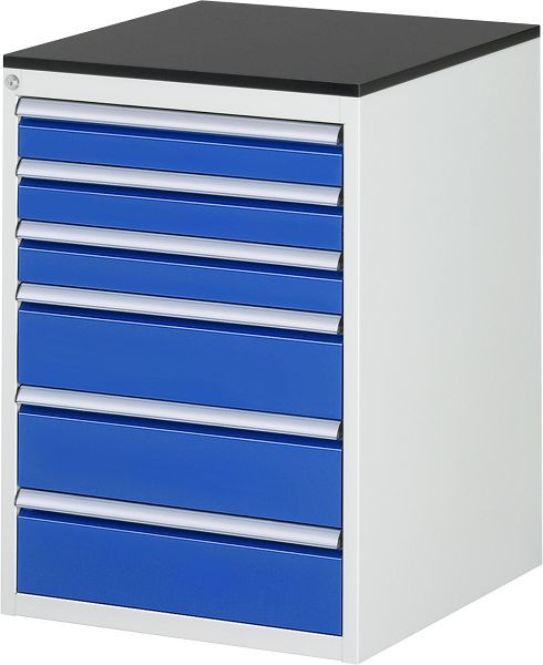 RAU Schubladenschrank Serie 7000, B580 x T650 x H820 mm, Arbeitsplatte mit Melaminharzbeschichtung, Schubladen: 4xH120, 3xH150 mm, 13-L5.9A-M.11