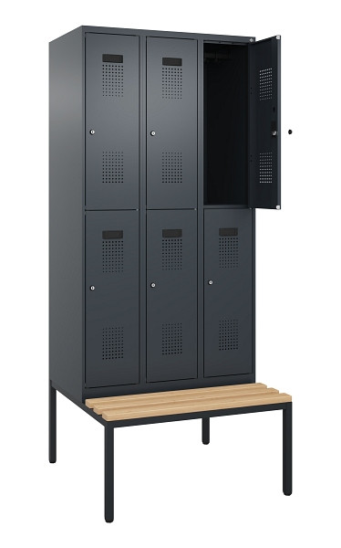C+P Doppelstock-Spind Evolo PLUS, Bank, 6 Fächer, 2120x900x815mm, 7016/7016, Zylinderschloss, Sitzfläche Buche-Hartholz, Sitzbank, 0493507-30 S10043