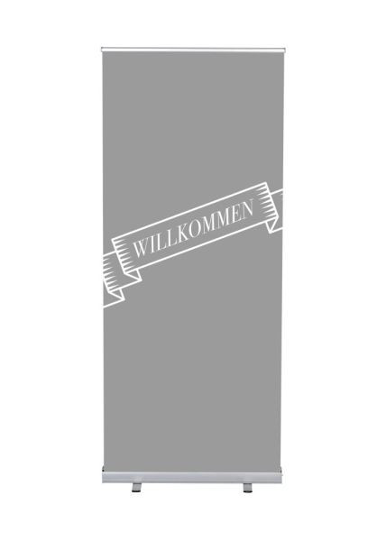 Showdown Displays Roll-Banner Budget 85 Komplettset Willkommen Grau Deutsch, RBB085LSFI392