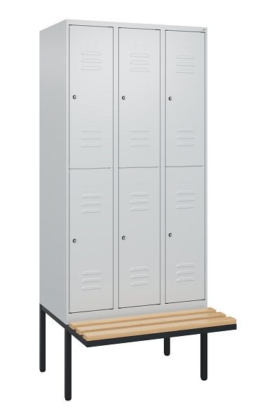 C+P Doppelstöckiger Spind Classic PLUS, 3 Abteile, 2120x900x815mm, 7035/7035, Zylinderschlösser, Buche-Sitzleisten, Sitzfläche, 0803407-30 S10099