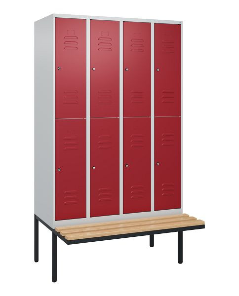 C+P Doppelstöckiger Spind Classic PLUS, 4 Abteile, 2120x1200x815mm, 7035/3003, Zylinderschlösser, Buche-Sitzleisten, Sitzfläche, 0803407-40 S10091
