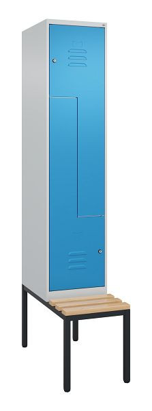 C+P Z-Spind Classic PLUS, mit untergebauter Sitzbank, 2 Abteile, 2120x400x815mm, 7035/5012, Zylinderschlösser, Buche-Sitzleisten, 0800537-122 S10019