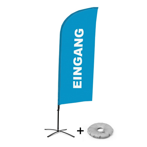 Showdown Displays Beachflag Alu Wind Komplett-Set Eingang Blau Deutsch Kreuzständer, BFAW310-CB30-WB-I124