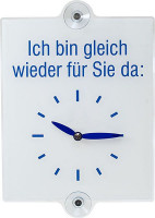 Produktbild von SafetyMarking Hinweisschild, Abbildung: Uhr, Text: Ich bin gleich wieder für Sie da, mit verstellbarer Uhranzeige, BxH 21x30 cm, Acrylglas, 46.5870 SafetyMarking Hinweisschild, Abbildung: Uhr, Text: Ich bin gleich wieder für Sie da, mit verstellbarer Uhranzeige, BxH 21x30 cm, Acrylglas, 46.5870