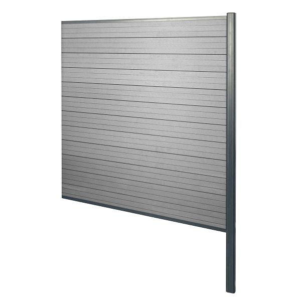 Mendler WPC-Sichtschutz Sarthe, Windschutz Zaun, Alu-Pfosten zum Einbetonieren, Erweiterungselement, 185cm grau, 76243+3x76231+76234+76258