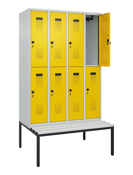 C+P Doppelstock-Spind Evolo PLUS, Bank, 8 Fächer, 2120x1200x815mm, 7035/1023, Drehriegel, Sitzfläche Kunststoff, Sitzbank, 0493507-40 S10082