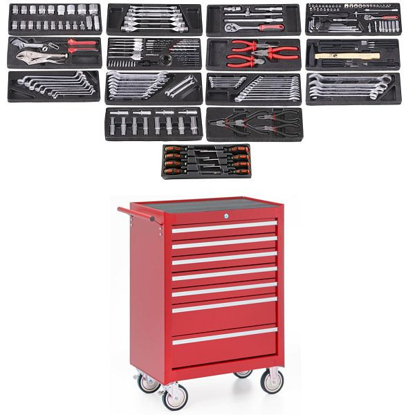Metra Werkstattwagen, 7 Schubladen, rot, gefüllt mit 14 Werkzeugsätzen, 9810222