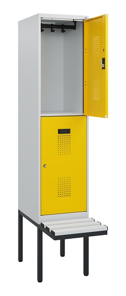 C+P Doppelstock-Spind Evolo PLUS, Bank, 2 Fächer, 1950x400x815mm, 7035/1023, Zylinderschloss, Sitzfläche Kunststoff, 0493405-12 S10134