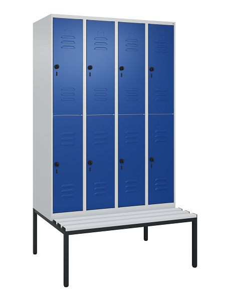 C+P Doppelstöckiger Spind Classic PLUS, 4 Abteile, 2120x1200x815mm, 7035/5010, Drehriegel, mit untergebauter Sitzbank, 0803507-40 S10108