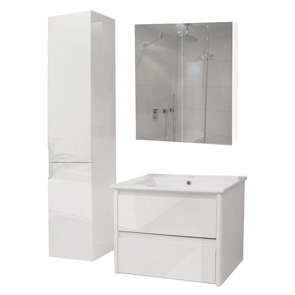 Mendler Badezimmerset HWC-B19b, Waschtisch Spiegelschrank Hängeschrank, hochglanz FSC, weiß, 97807+57615+57614+57618