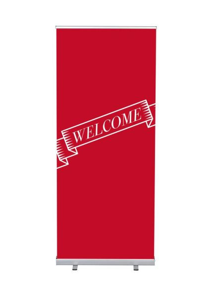 Showdown Displays Roll-Banner Budget 85 Komplettset Willkommen Rot Englisch, RBB085LSFI398