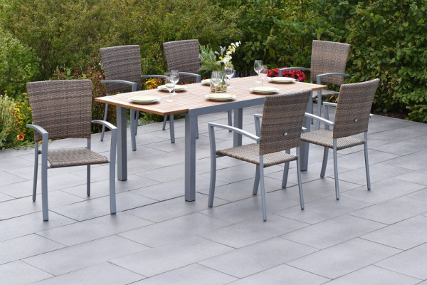Merxx Savona Set 7-teilig, 6 Stapelsessel, 1 Ausziehtisch 150 (200) x 90 cm, Akazientischplatte horizontal gestreift, Silber/naturgrau, 50893-228