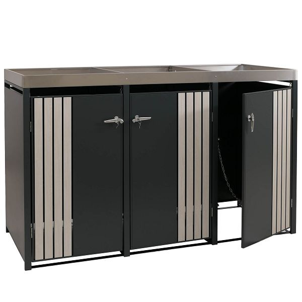 Mendler 3er-Mülltonnenverkleidung HWC-O67, Mülltonnenbox mit Pflanzkasten, Metall 125x196x84cm 75kg, anthrazit Holzoptik hell, 122376+122377