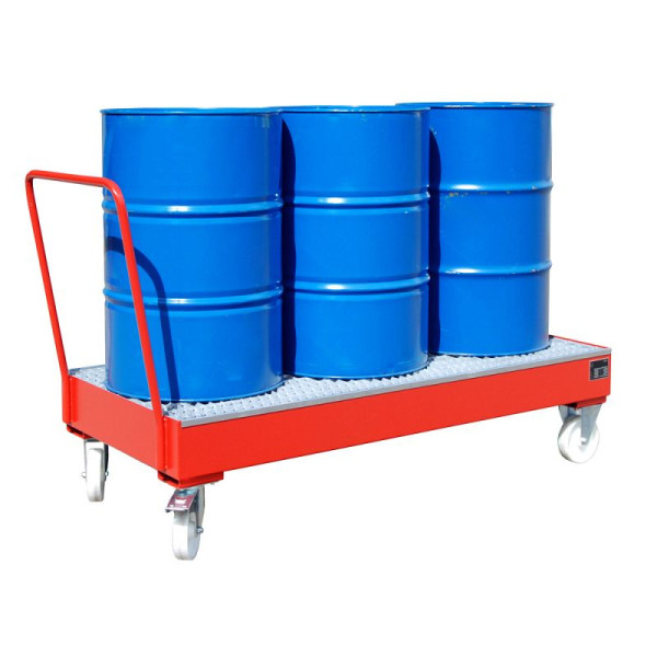 STEIN HGS Fahrbare Auffangwanne Serie 2000, 3mm Stahlblech, für 200l-Fässer, 202 Liter, RAL 3000 feuerrot, lackiert, 3 x 200 Liter Fass, 79206.0014