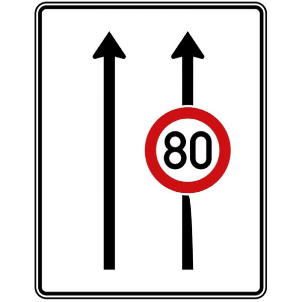Stein HGS Fahrstreifentafel ohne Gegenverkehr, 2 Streifen in Fahrtrichtung, 1 Streifen mit Höchstgeschwindigkeit Nr. 523-30, RA1/Flachform 3mm, ohne Entfernungsangabe, 1600x1250mm, 523-30-113