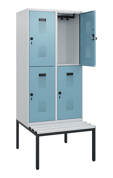 C+P Doppelstöckiger Spind Evolo PLUS, Bank, 4 Fächer, 1950x800x815mm, 7035/0010, Drehriegel, Sitzfläche Kunststoff, Sitzbank, 0493505-22 S10099