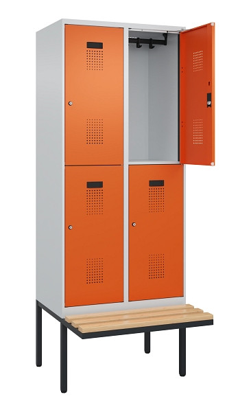 C+P Doppelstock-Spind Evolo PLUS, Bank, 4 Fächer, 2120x800x815mm, 7035/2004, Zylinderschloss, Sitzfläche Buche-Hartholz, 0493407-22 S10029