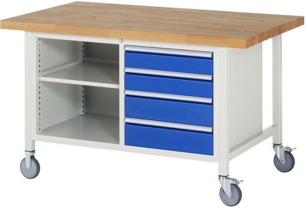 RAU Fahrbare Werkbank 8000- Modell 8463, B1500xT900xH880mm, Doppel-Unterbau-Container, li: Fachboden, re: Schubladen: 2xH120, 2xH150mm, 05-8463A2-159B4S.11