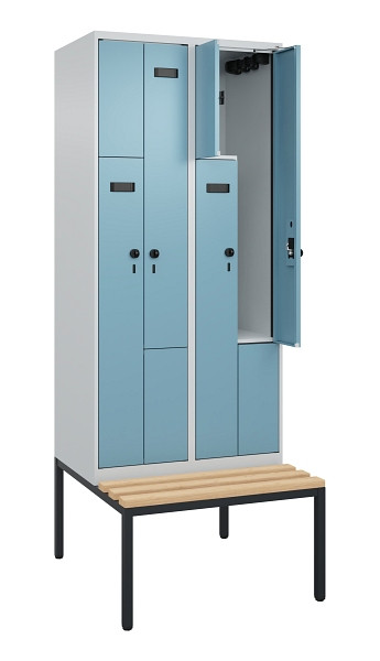C+P Z-Spind Evolo PLUS, Bank, 4 Fächer, 2120x800x815mm, 7035/0010, Drehriegel, Sitzfläche Buche-Hartholz, Sitzbank, 0490537-224 S10000
