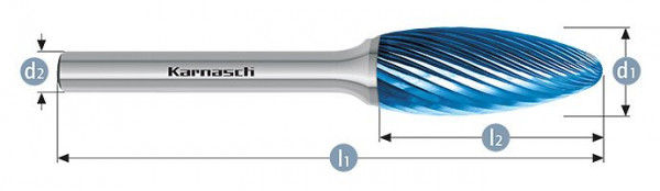 Karnasch Hartmetall-Frässtift Blue-Tec beschichtet Flamme/ HP-2 d1=10 / l2=20 / d2=6/ l1=65mm, VE: 2 Stück, 115070020
