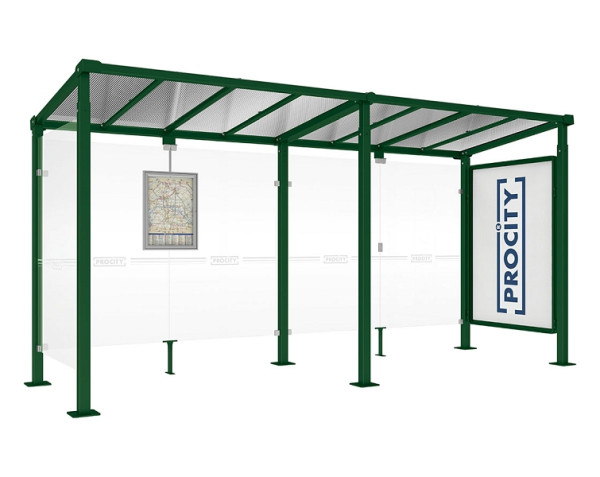 Procity Wartehalle Milano - 1 Schaukasten 2000 + 1 Seitenverkleidung, Farbe RAL 6005, Maße: Breite 5000 x Höhe 2545 x Tiefe 1824 mm, 529247.6005