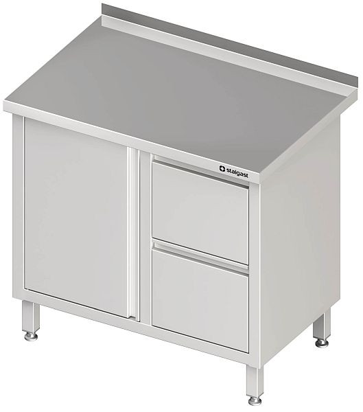 Stalgast Arbeitsschrank mit Flügeltüren, 1500x700x850 mm, mit 2er Schubladenblock rechts, ohne Aufkantung, verschweißt, VAS15703R