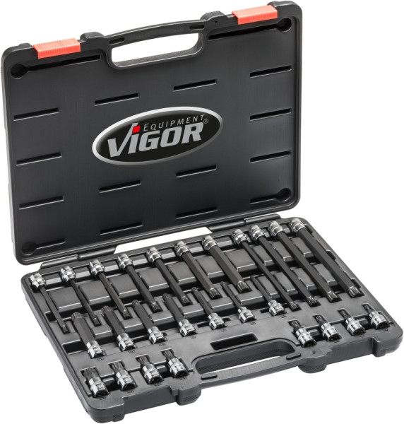 VIGOR Innenvielzahn Schraubendreher-Einsatz Satz (XZN), Vierkant hohl 10 mm (3/8 Zoll), Innen Vielzahn Profil XZN, M5 - M16, Anzahl Werkzeuge: 26, V6018