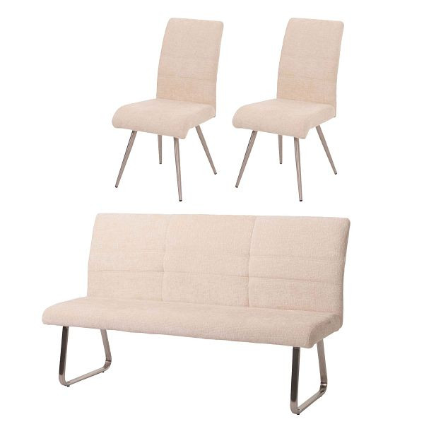 Mendler Esszimmer-Set HWC-G55, 2er-Set Stuhl + Sitzbank 180cm, Edelstahl gebürstet Stoff/Textil Chenille, creme, 108102+108220+108221