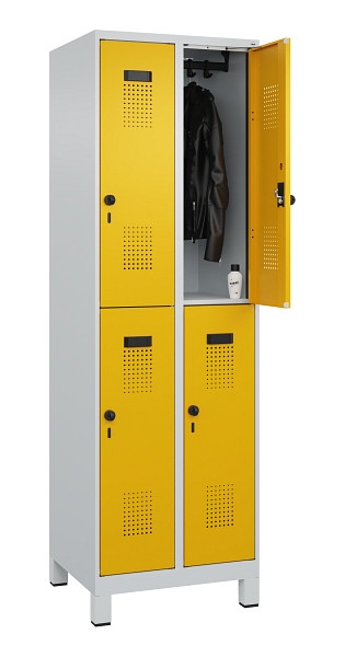 C+P Doppelstöckiger Spind Evolo PLUS, mit Füßen, 4 Fächer, 1950x600x500mm, 7035, Frontfarbe RAL 1004 Goldgelb, Drehriegel, 049310-20 S10000