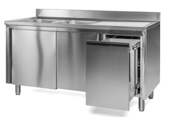 A&S Gastro Spülschrank mit Abfallbehälter, 2 Becken links, Bautiefe 600 mm, 150x600x850 mm, SPSCH1562BL-A