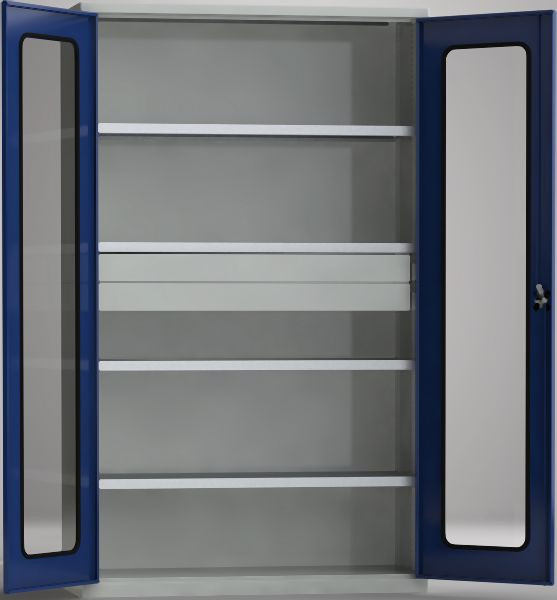 KLW Universalschrank, 2000x1200x490mm, abschließbare Flügeltüren mit Acrylglasscheiben, 4 verstellbare Fachböden, 2 Schubladen, 7FN-QH2000FD-0001XRB