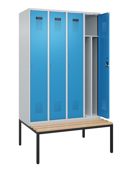 C+P Spind Evolo PLUS, 4 Abteile, 2120x1200x815mm, 7035/5012, Haken 4, Zylinderschloss, Sitzfläche Buche-Hartholz, Sitzbank, 0490507-40F S10034