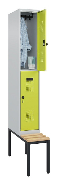 C+P Doppelstock-Spind Evolo PLUS, Bank, 2 Fächer, 2120x300x815mm, 7035/0024, Drehriegel, Sitzfläche Buche-Hartholz, Sitzbank, 0493507-10 S10015