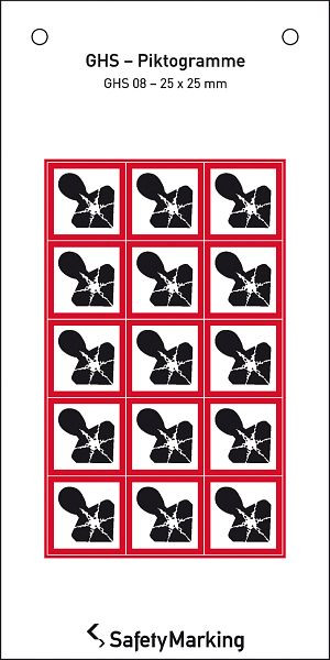 SafetyMarking GHS-Gefahrenpiktogramm, Symbol 08: Gesundheitsgefahr, BxH 2,5x2,5 cm, Folie, selbstklebend, VE: 15 Stück/Bogen, 30.3551-08