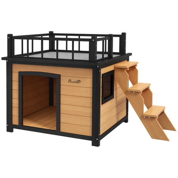 PawHut Hundehütte mit Dachterrasse, wetterfest, Holz, 121x77x78 cm, Schwarz/Gelb, D02-145V00YL