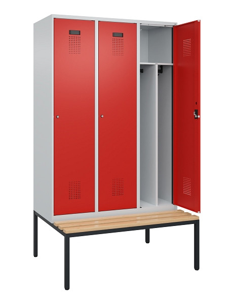 C+P Spind Evolo PLUS, 3 Abteile, 2120x1200x815mm, 7035/3020, Haken 4, Zylinderschloss, Sitzfläche Buche-Hartholz, Sitzbank, Trennwand, 0490507-32F S10032