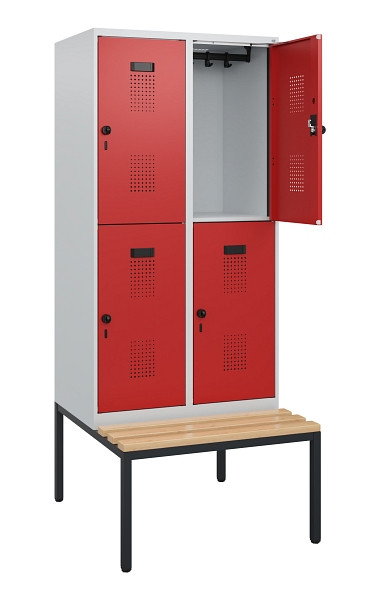 C+P Doppelstöckiger Spind Evolo PLUS, Bank, 4 Fächer, 1950x800x815mm, 7035/3000, Drehriegel, Sitzfläche Buche-Hartholz, Sitzbank, 0493505-22 S10003