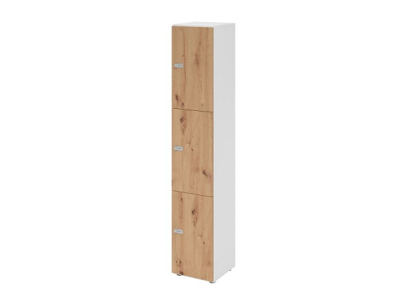 Hammerbacher Schließfachschrank schmal 6OH, 3 Türen, Korpus: weiß, Türen: Asteiche, 40 x 40 x 215,6 cm (BxTxH), Zahlenschloss, V264L3/W/R/ZS