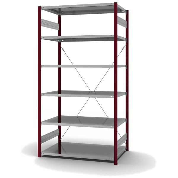 hofe Fachboden-Grundregal, 2500x800x1300 mm, 6 Fachebenen, verzinkt / RAL 3004, 190 kg Fachlast, 1000 kg Feldlast, einseitige Bedienung, HRG258013XL