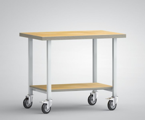 KLW Beistell-Werkbank - 1000 x 700 x 840 mm mit Buchen-Multiplexplatte 1000 x 700 x 40 mm, Fahrbar, mit 4 Lenkrollen 125 mm Ø, WS819N-1000M40-X7003
