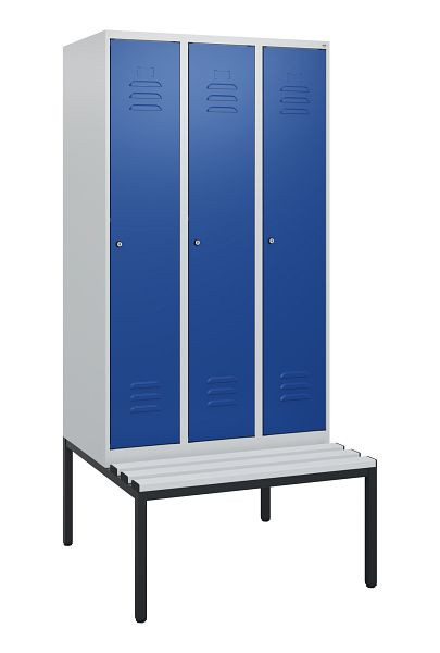 C+P Umkleidespind Classic PLUS, mit untergebauter Sitzbank, 3 Abteile, 1950x900x815mm, 7035/5010, Zylinderschlösser, 0800505-30 S10048