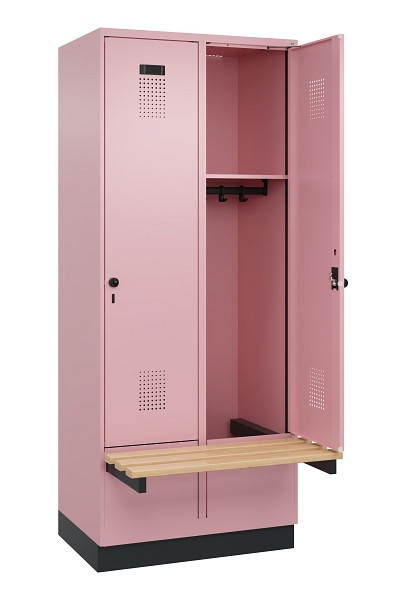 C+P Spind Evolo PLUS, 2 Abteile, 1950x800x815mm, 3015/3015, Drehriegel, Sitzfläche Holz, Sitzbank auskragend Sockel, 049040-22 S10024