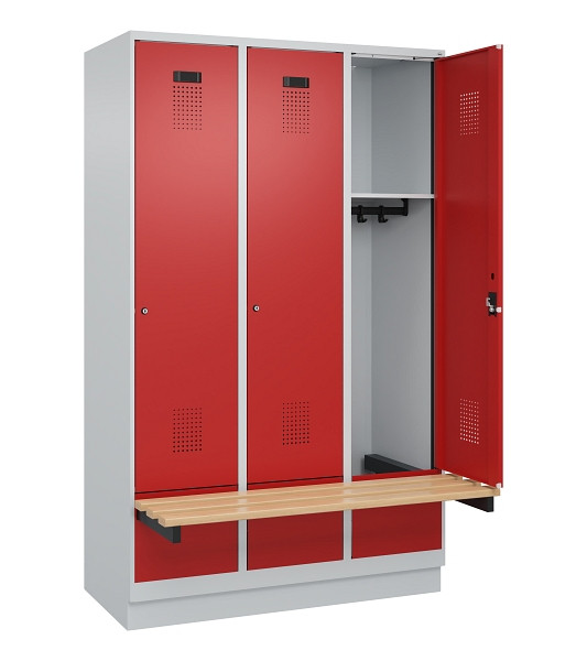 C+P Spind Evolo PLUS, 3 Abteile, 1950x1200x815mm, 7035/3000, Zylinderschloss, Sitzfläche Holz, mit Sockel, 049040-32 S10030