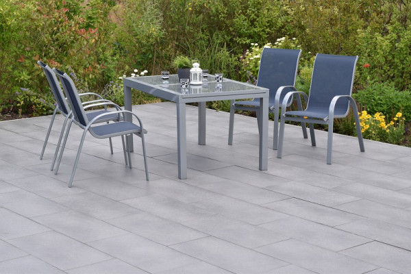 Merxx Amalfi Set 5-teilig, 4 Amalfi Stapelsessel, 1 Ausziehtisch 160 (220) x 90 cm, graue Glasplatte, silber/marineblau, 50336-313