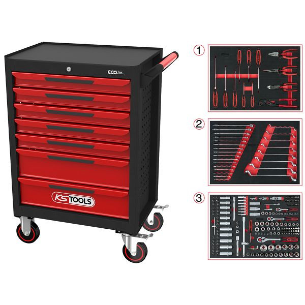 KS Tools ECOline SCHWARZ/ROT Werkstattwagen mit 7 Schubladen und 215 Premium-Werkzeugen, 897.7215