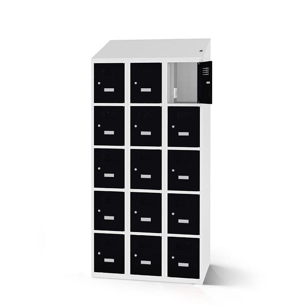 Rotstahl Fächerschrank, 15 Fächer, kurzer Sockel, mit Ladefunktion, Schrägdach, Korpus: lichtgrau, Türen: tiefschwarz, 2180-030500-0901112-7035-9005